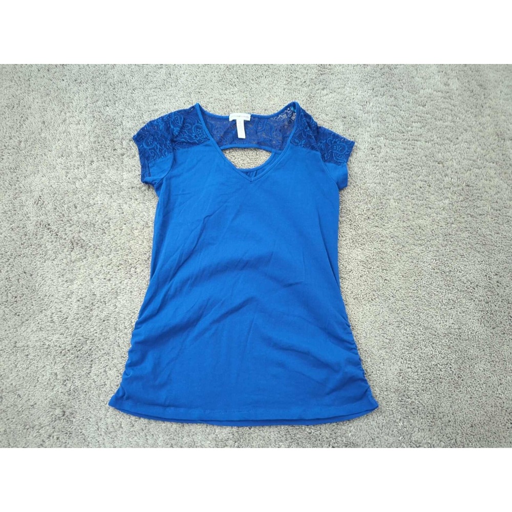Ambiance Maternity Top Womens M Blue Short Sleeve V-Neck Lace Detail Back Cutout